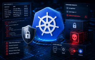 Kubernetes penetration testing checklist showing RBAC privilege escalation, container escape, and supply chain attack paths