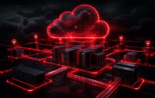Cloud computing infrastructure with red highlighted vulnerabilities and data flow visualization